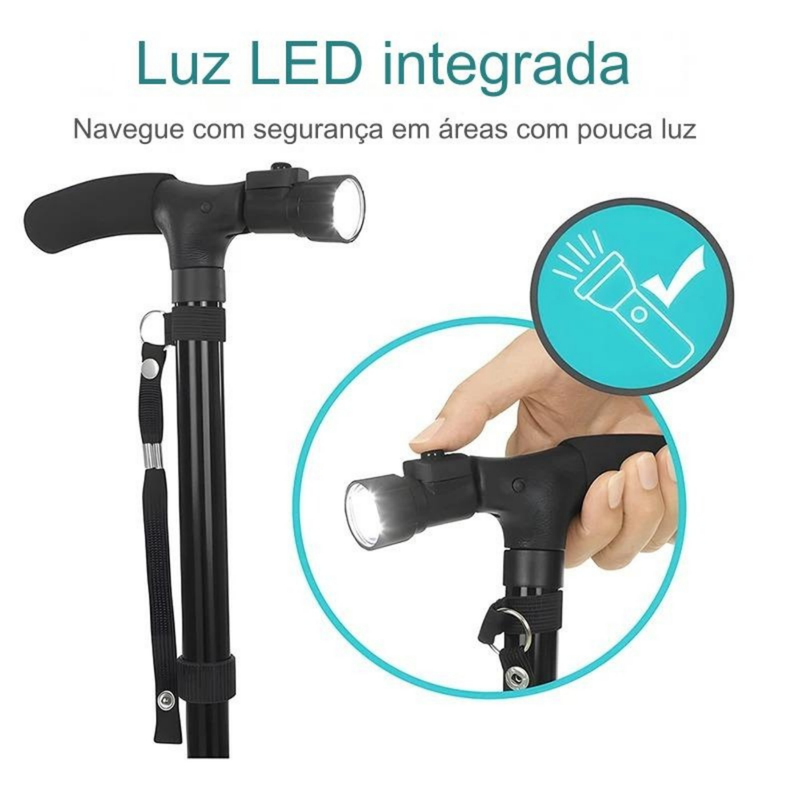 Bengala multifuncional ajustável com lanterna LED